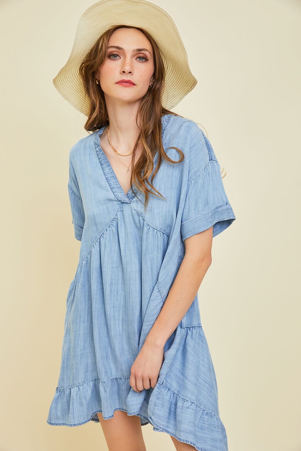 WASHED CHAMBRAY FLARE MINI DRESS heyson