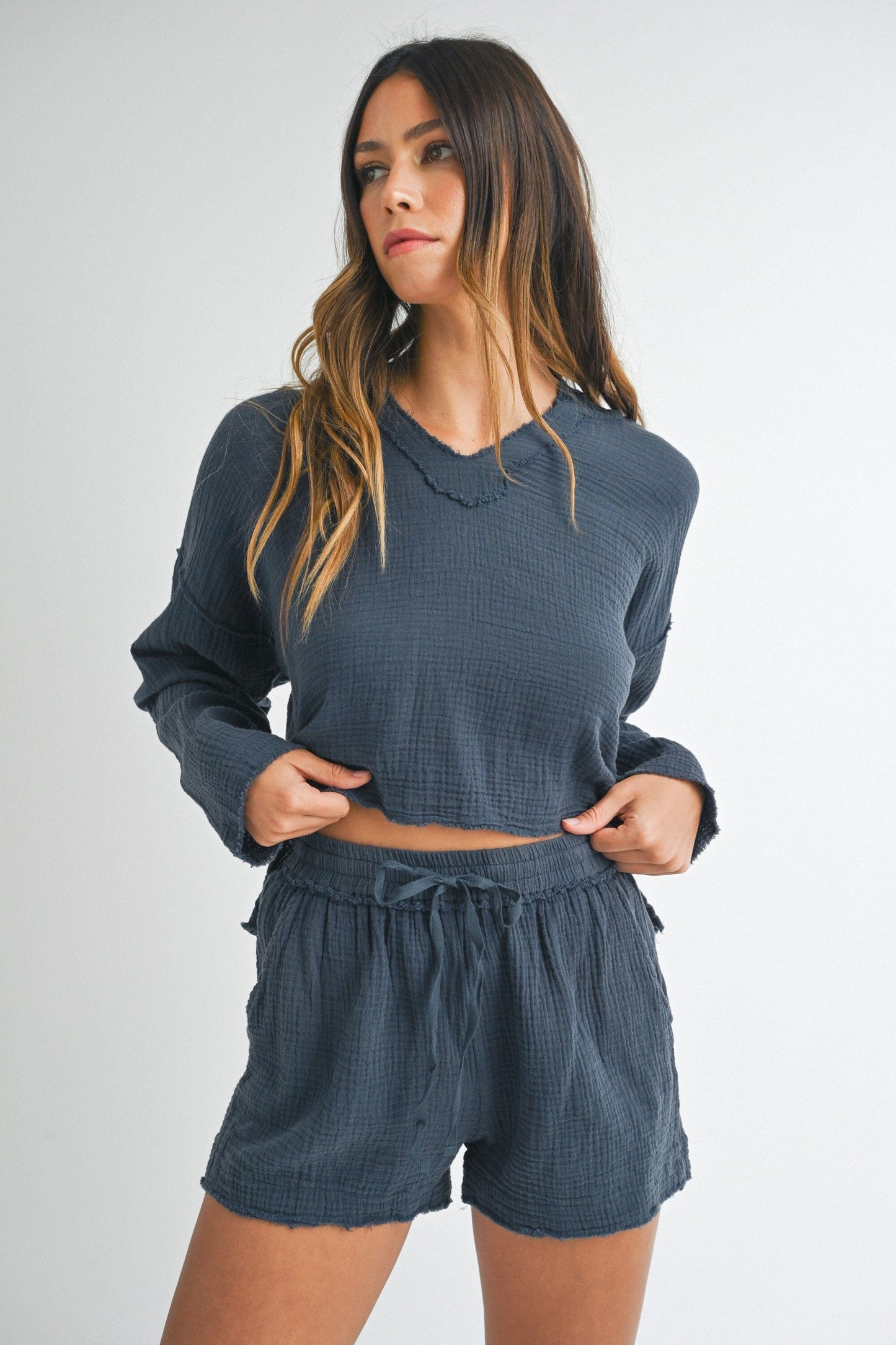 WASHED GAUZE HOODIE TOP AND SHORTS SET Mable