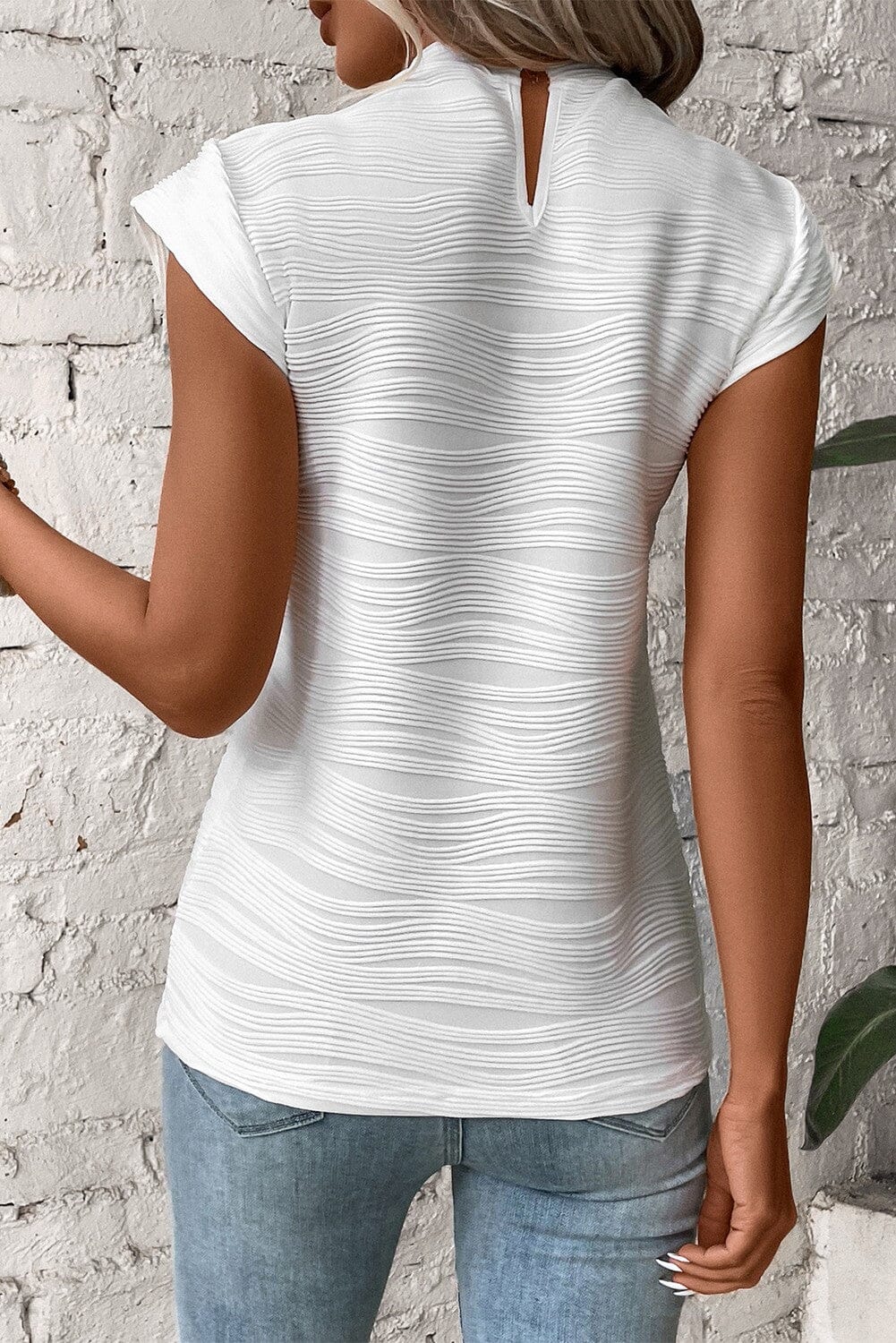 Wavy Textured Mock Neck Cap Sleeve Top Shiying