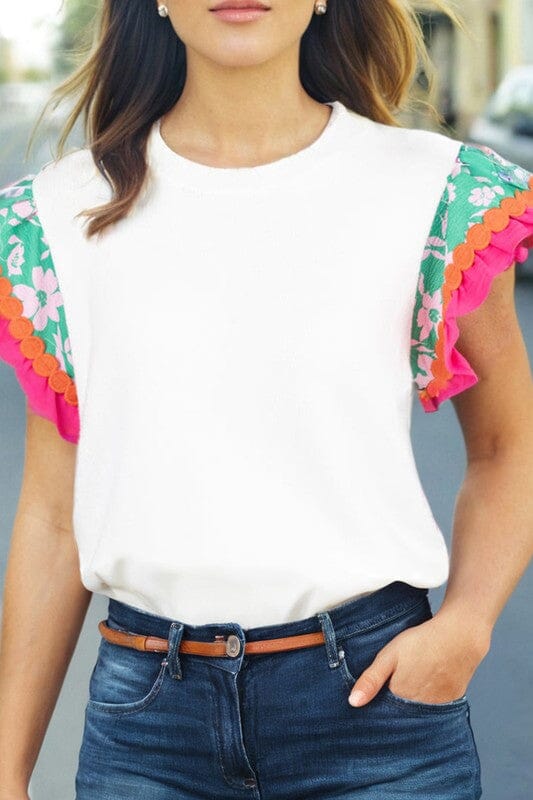 White Contrast Ricrac Floral Sleeve Top Kentce