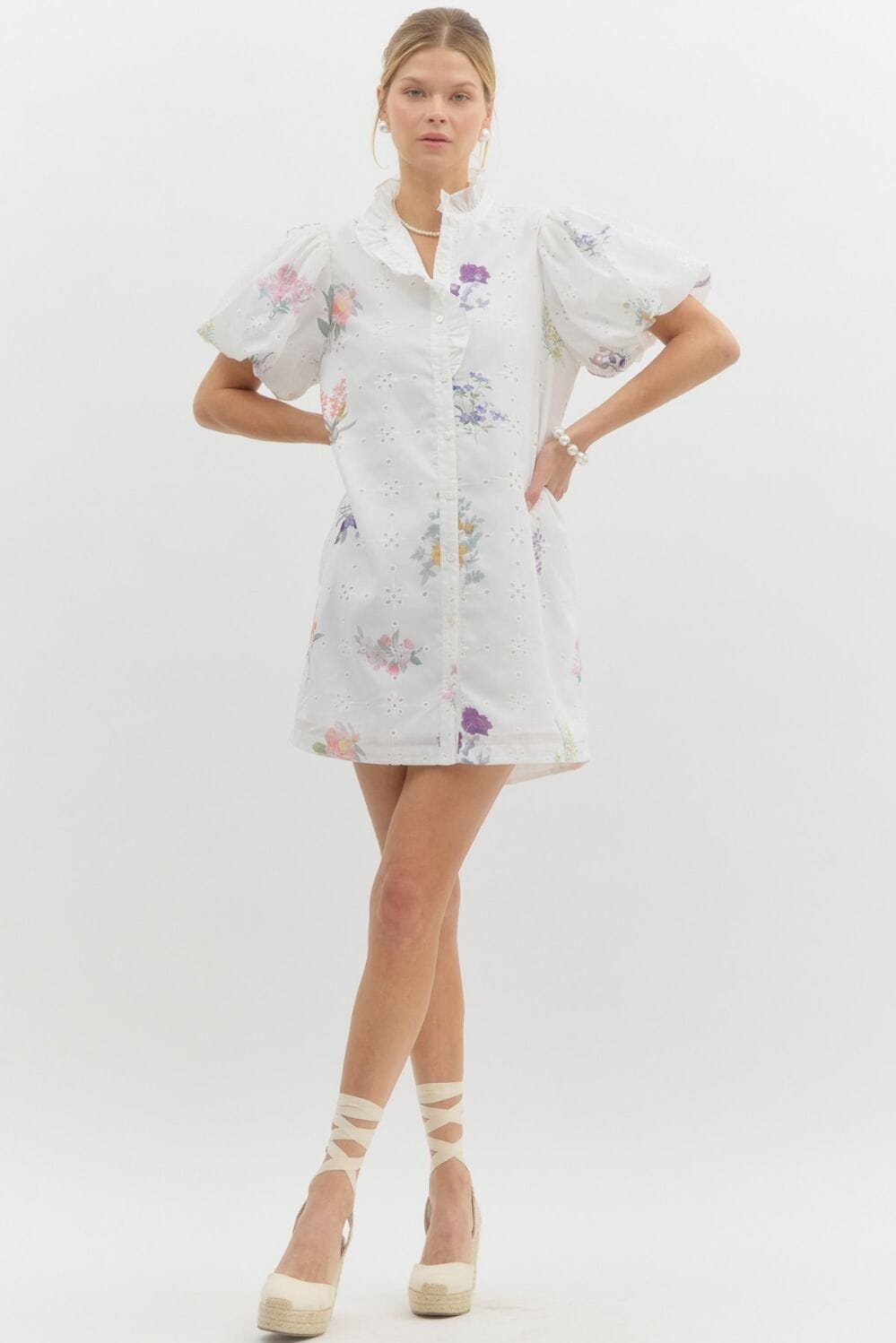 White Eyelet Puff Sleeve with Floral Detail Entro