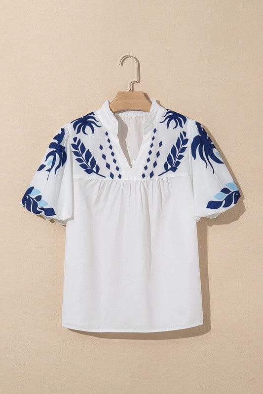 White Puff Sleeve Top with Royal Embroidered Detail Shewin