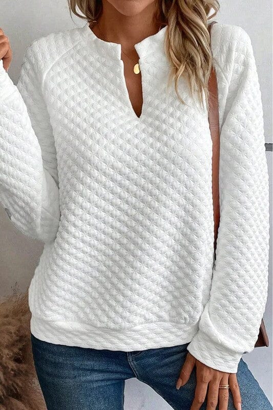 White Quilted Split Neck Top Shiying