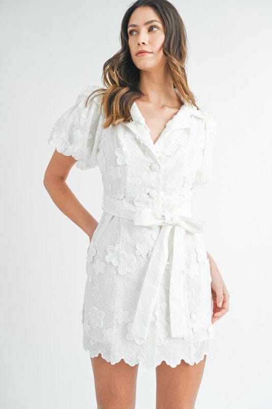 White Textured Floral Button Down Dress Mable