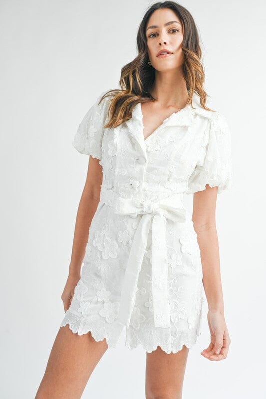 White Textured Floral Button Down Dress Mable