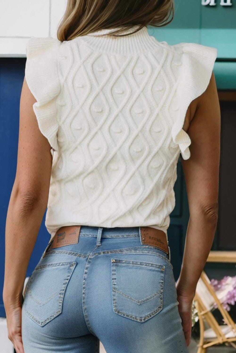 White Textured Ruffled Mock Neck Top Kentce