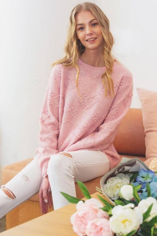 22 Pom Pom Heart Sweater sweater doe and rae small pink