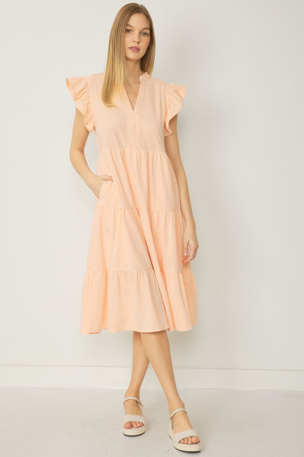 23 V-Neck Flutter Sleeve Tiered Dress entro