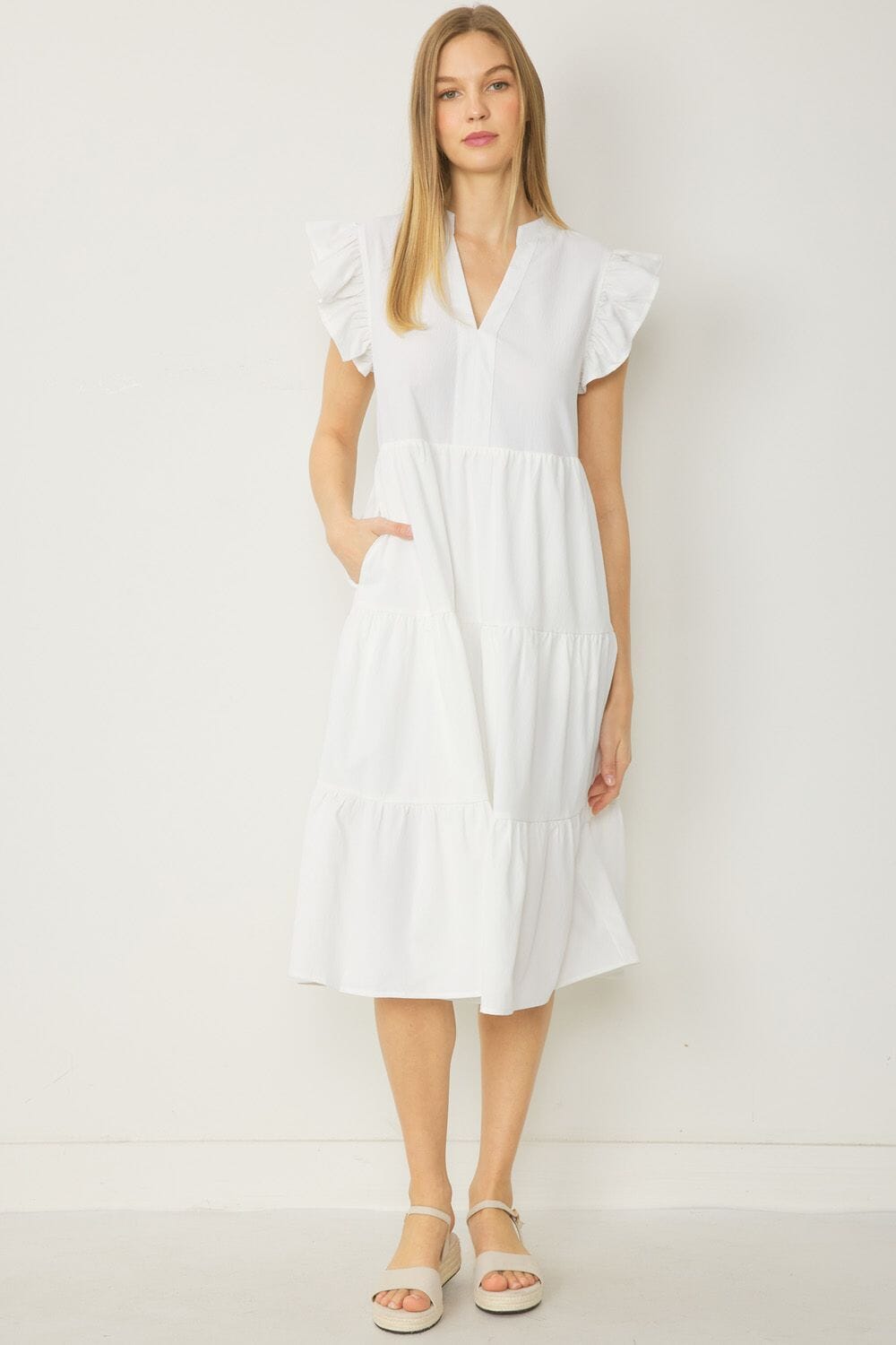 23 V-Neck Flutter Sleeve Tiered Dress entro