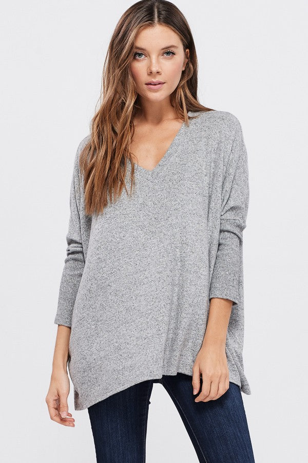 3/4 Sleeve V-Neck Boxy Brushed Intermingle Top Cherish