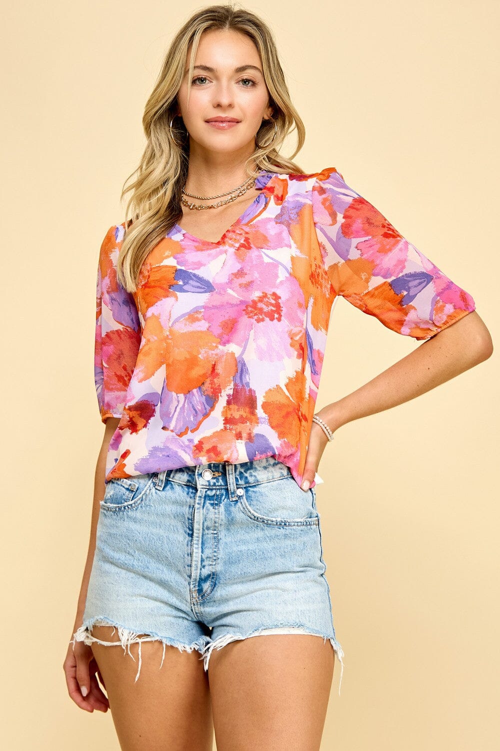 Abstract Floral Printed Top w/ ruffle neck Les Amis