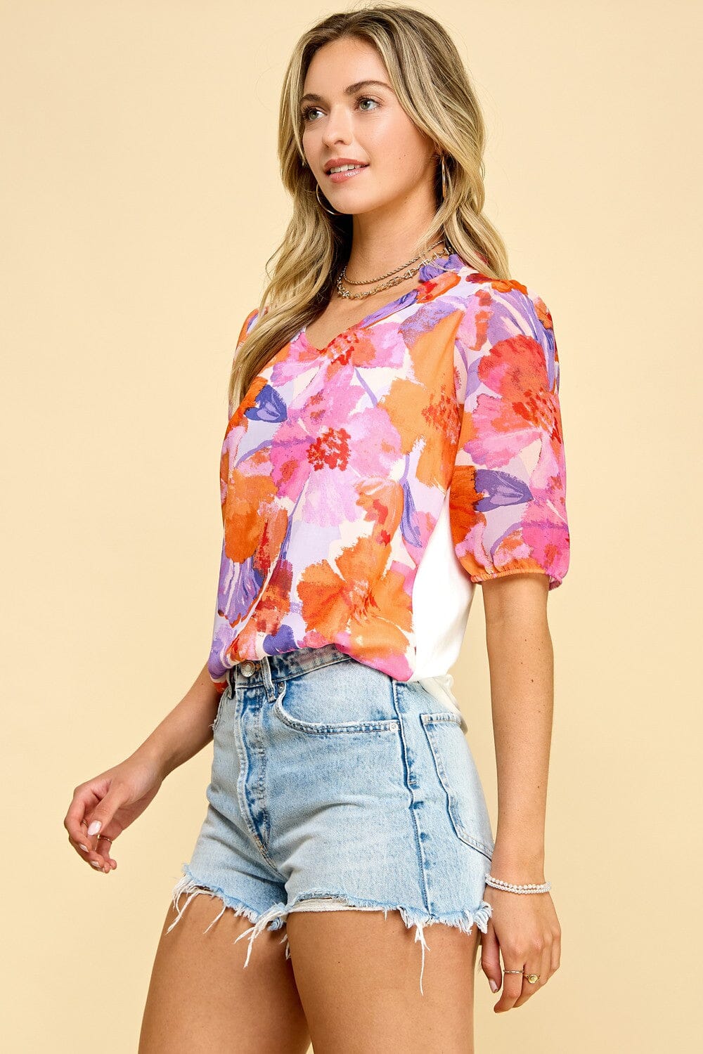 Abstract Floral Printed Top w/ ruffle neck Les Amis
