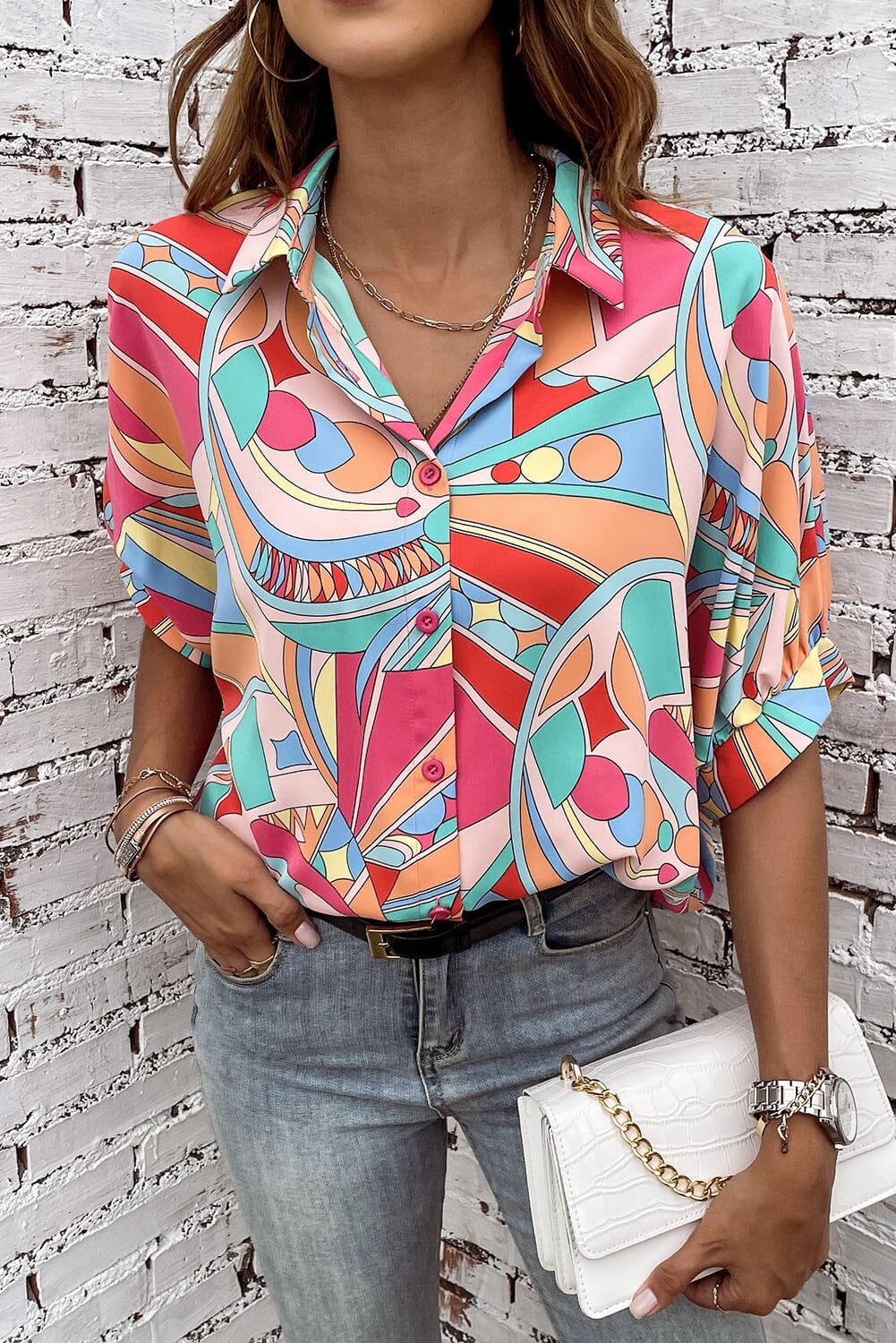 Abstract Geometric Print Half Puff Sleeve Shirt Shiying