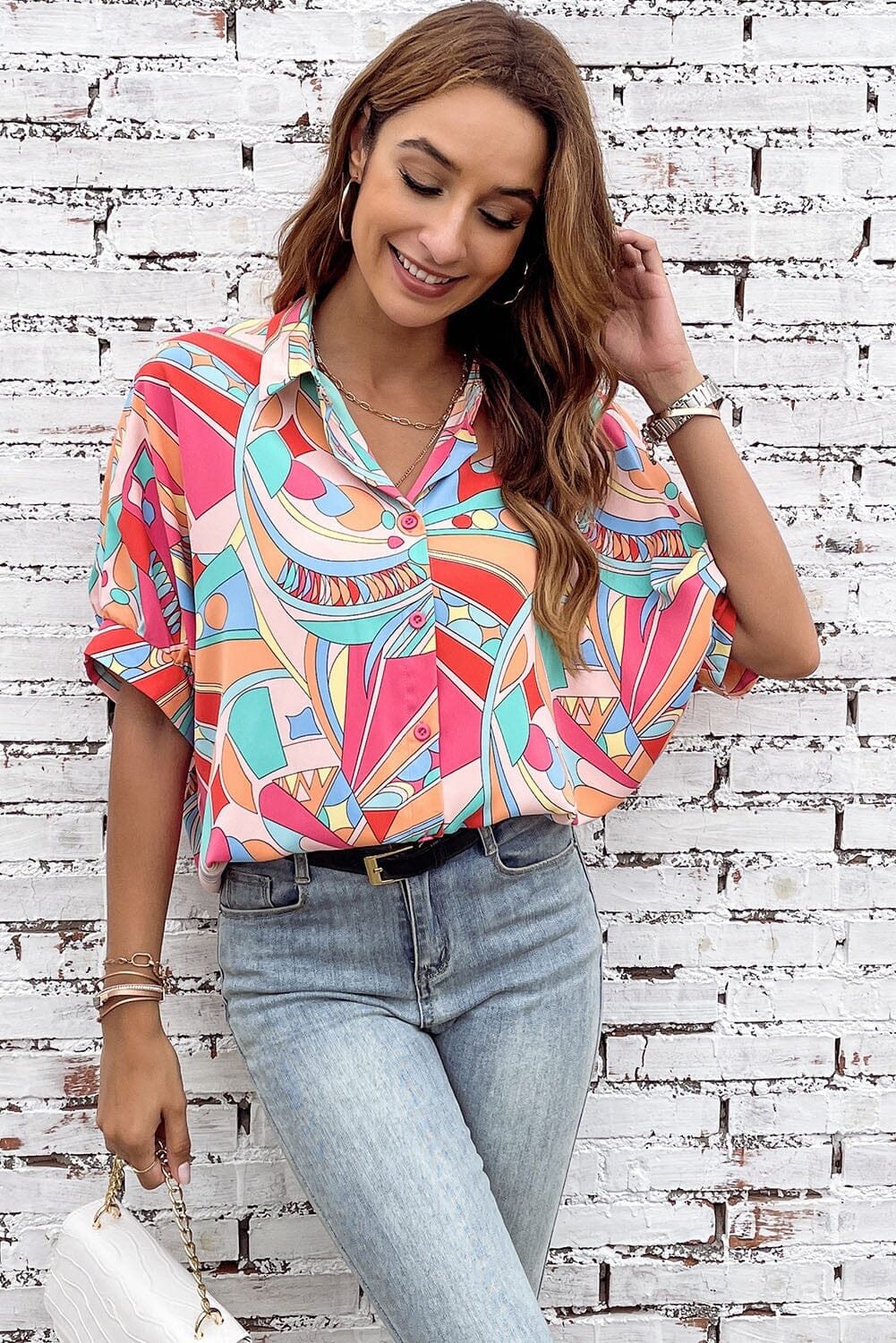 Abstract Geometric Print Half Puff Sleeve Shirt Shiying