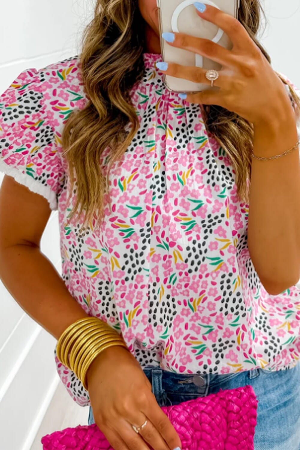 Abstract Print High Neck Flutter Sleeves Top Kentce