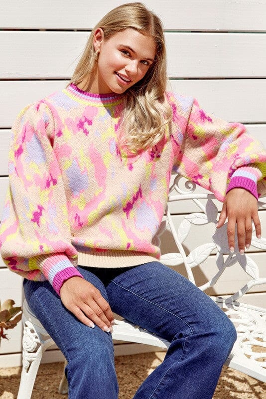 Abstract Print Knit Balloon Sleeve Pullover Jodifl