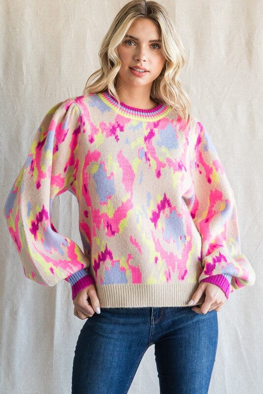 Abstract Print Knit Balloon Sleeve Pullover Jodifl