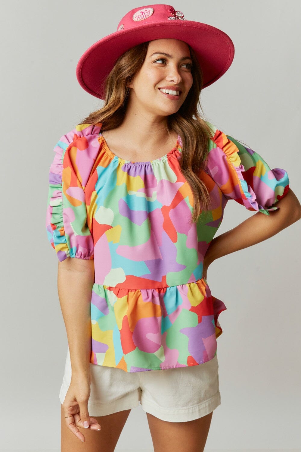 Abstract Print Ruffled Babydoll Blouse fantastic fawn