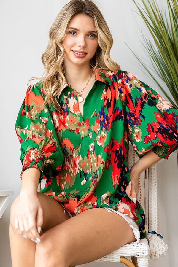 Abstract Print Smock Sleeve w/ Collar First Love