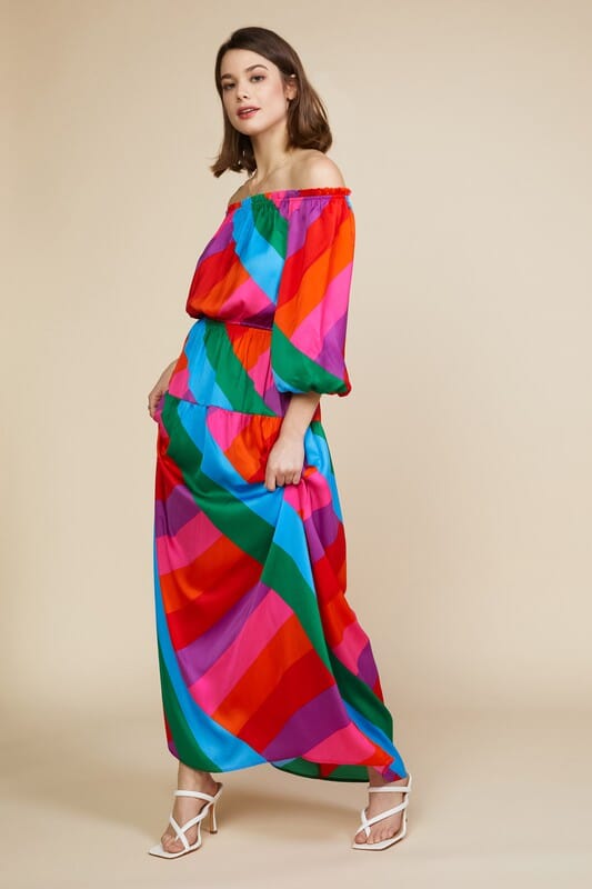 Abstract Rainbow Bubble Sleeve Maxi skies are blue