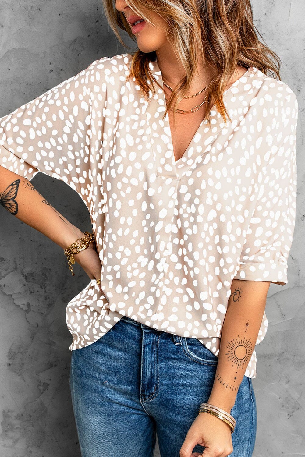 Animal Print V-neck Rolled Sleeve Tunic Top shiying