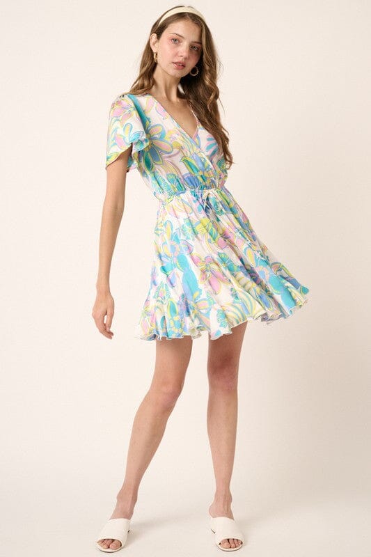Aqua Flower Print Godet Style Dress Mittoshop