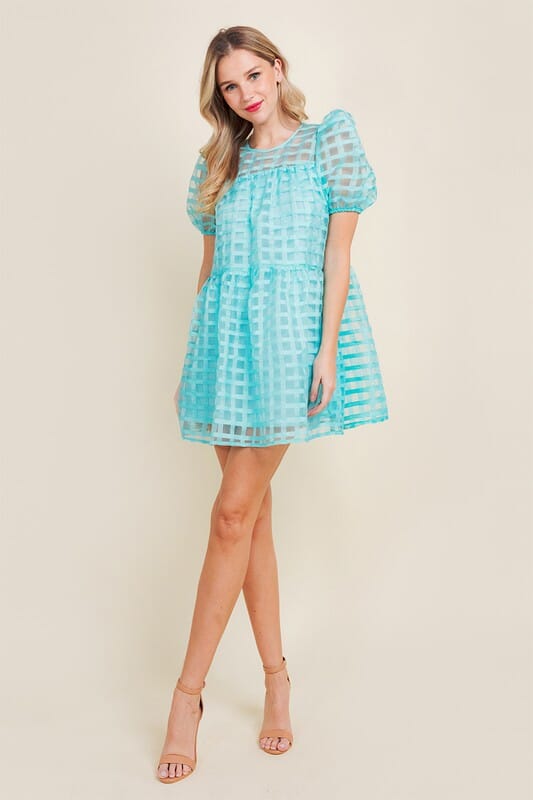 Aqua Windowpane Puff Sleeve Dress TCEC