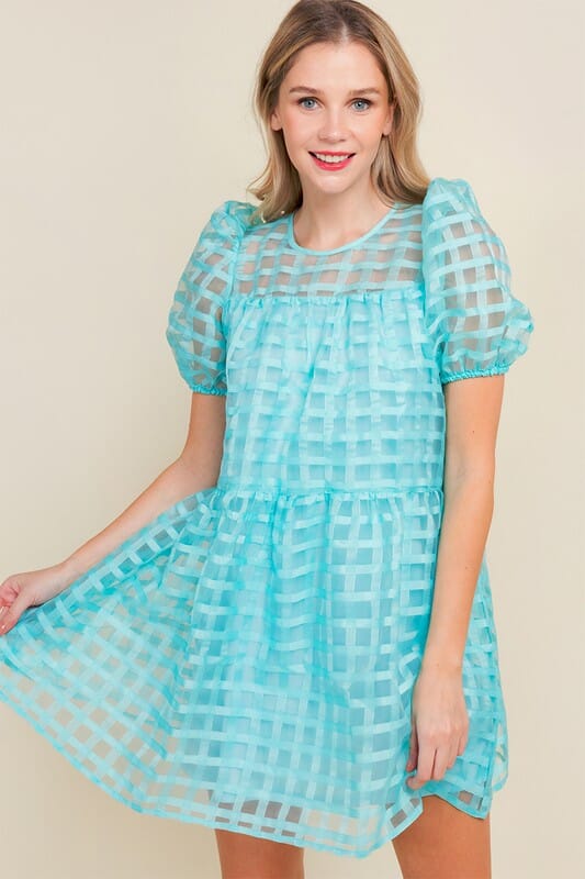 Aqua Windowpane Puff Sleeve Dress TCEC