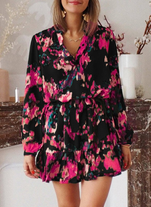Black Abstract Tie Waist Dress Shewin