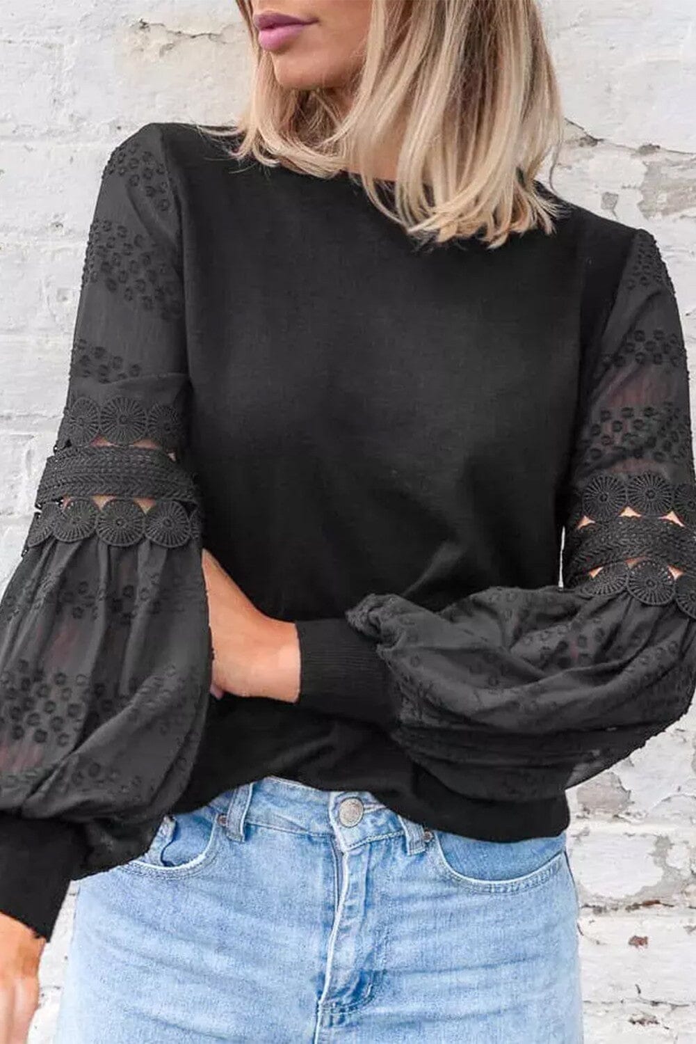 Black Crochet Hollow Lantern Sleeve Blouse Shewin