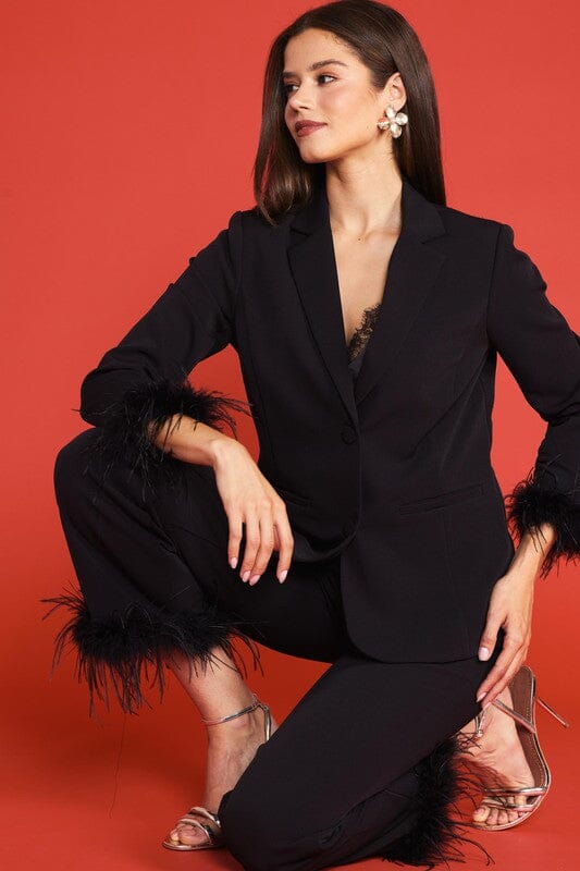 Black Detachable Feather Cuff Blazer skies are blue
