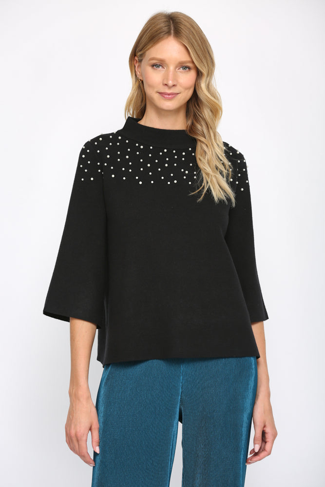 Black Pearl Studded Mock Neck Sweater Fate