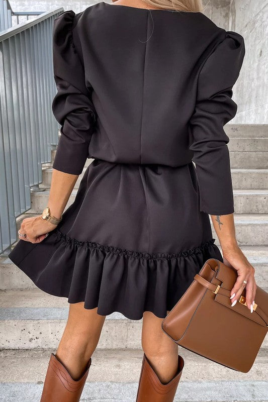 Black Puff Sleeve A-line Dress Shiying