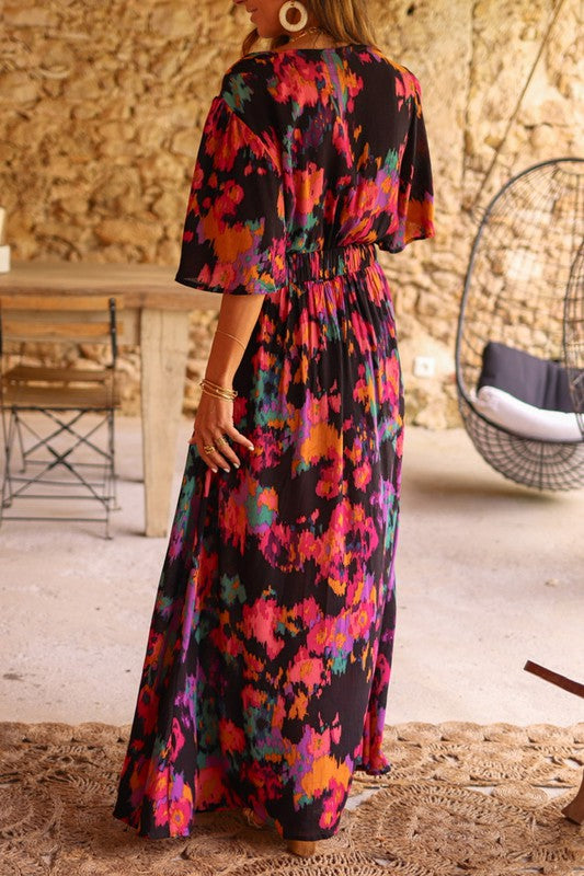 Black Watercolor Abstract Belted Maxi Kentce