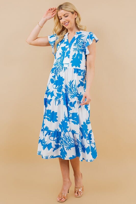 Blue and White Flying Sleeve Midi Sundayup