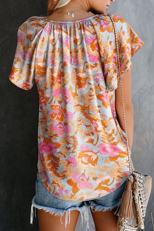 Blue Boho Floral Flutter Sleeve Top Shewin