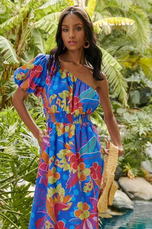 Blue Bridgette One Shoulder Midi Dress Sugarlips