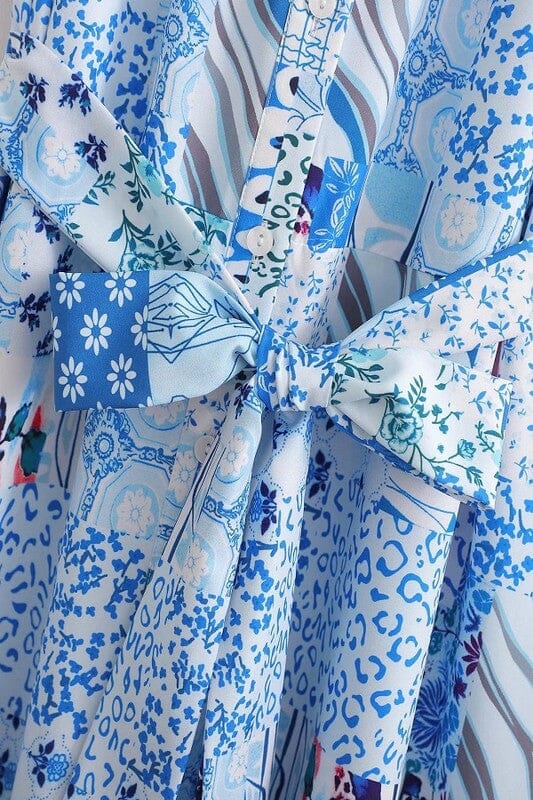 Blue Patchwork Printed Sleeveless Dress Sundayup