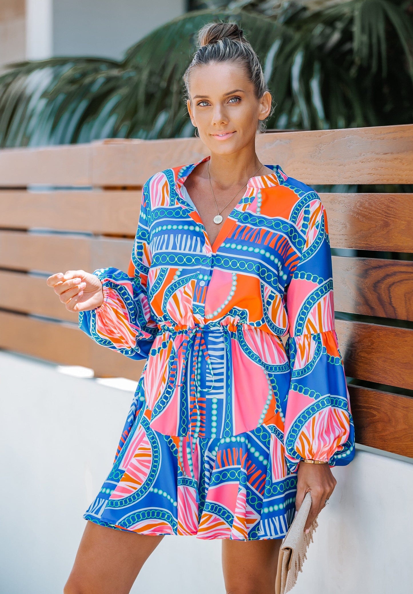 Blue Print Balloon Sleeve Dress lavender J