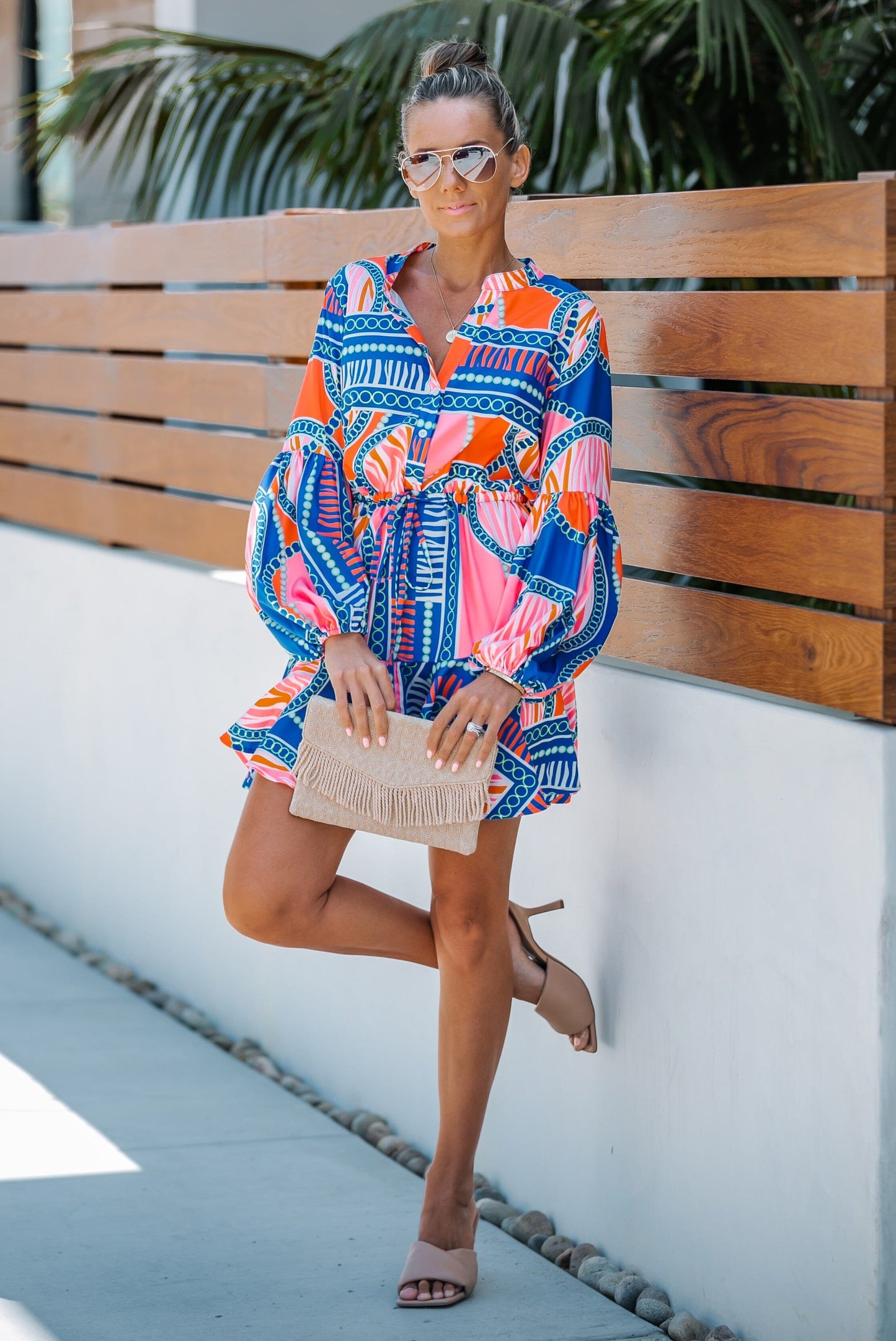 Blue Print Balloon Sleeve Dress lavender J