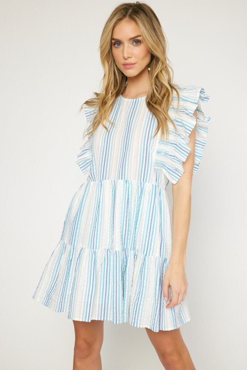 Blue Seersucker Ruffle Sleeve Dress entro