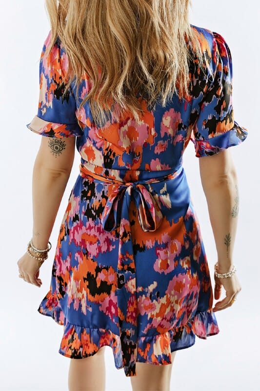 Blue Watercolor Wrap Front Dress Shewin