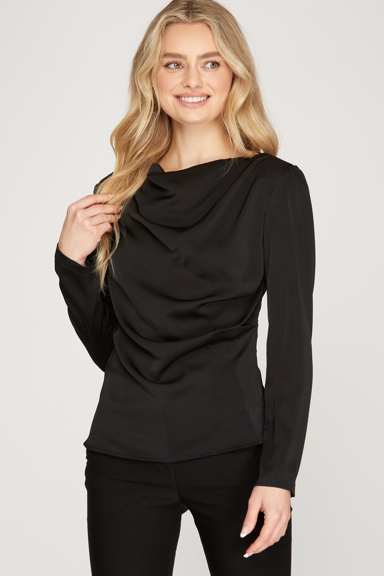 Boat Neck Drape Front Silky Top she + sky