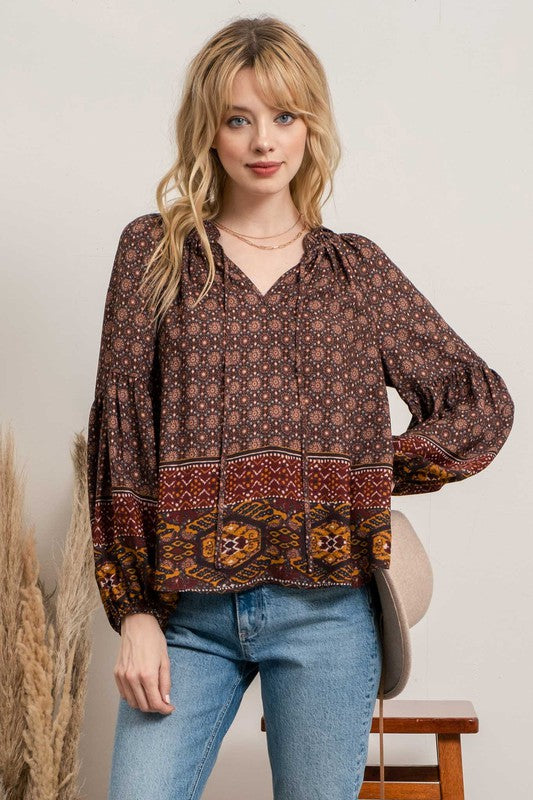 Boho Border Print Blouse Blu Pepper