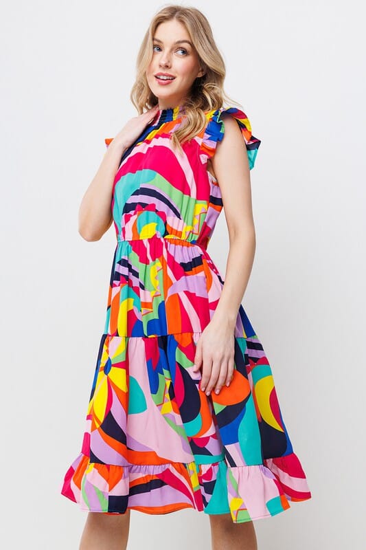 Bold Abstract Flutter Sleeve Dress Ces Femme