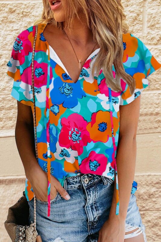 Bold Floral Flutter Sleeve Top with Drawstrings Kentce
