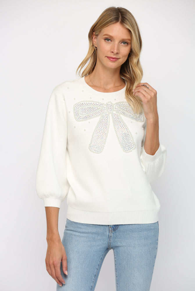 Bow Rhinestone Puff Sleeve Sweater Fate