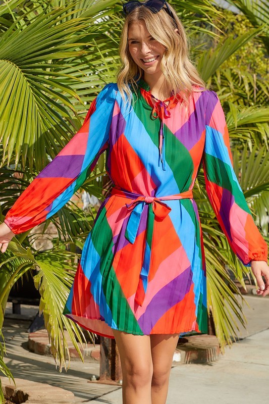 Bright Geometric Print Pleated Dress Shewin