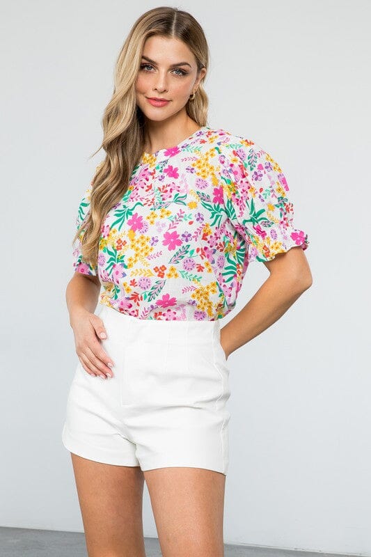 Bright Pink Floral Puff Sleeve Top thml