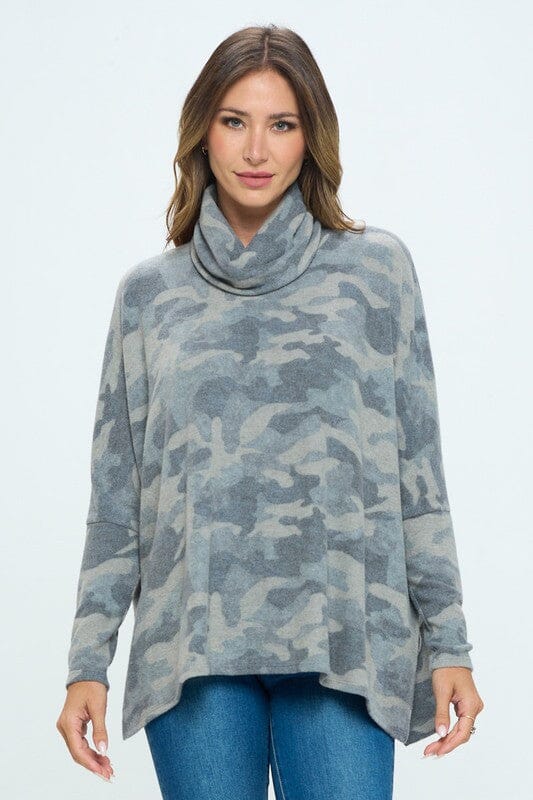 Camo Brushed Knit Cowl Neck Top Cherish